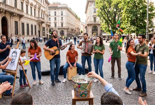 Colleghi che eseguono diverse performance artistiche di strada durante un team building