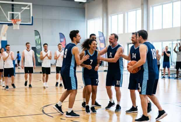 Colleghi che festeggiano dopo aver vinto un team building basket