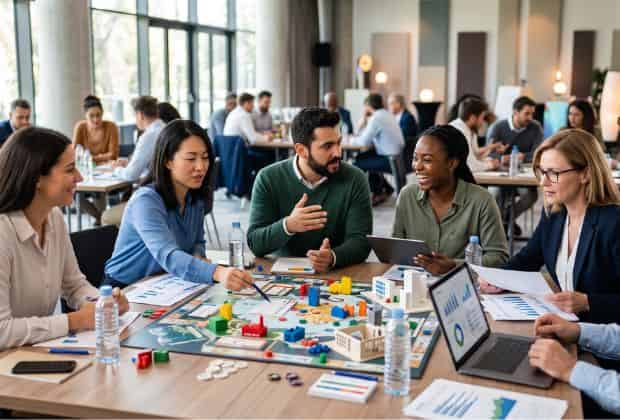 Colleghi che discutono al tavolo durante un team building business game