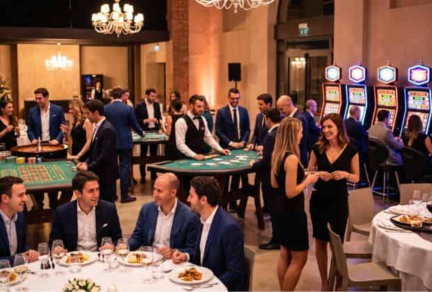 Colleghi che giocano a black jack e alla roulette durante una cena aziendale al casinò