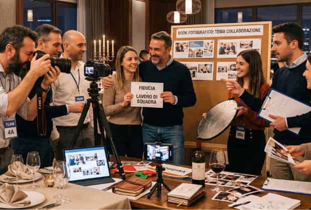 Colleghi che scattano foto durante una cena aziendale book fotografico