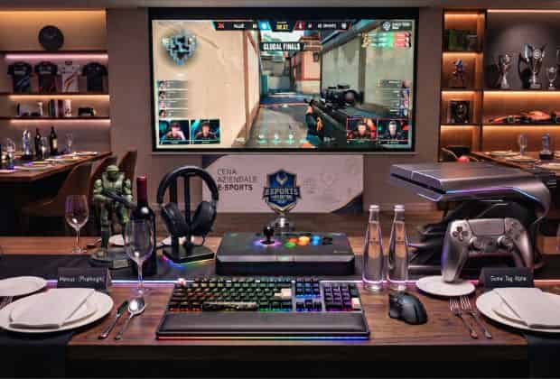 Setup per giocare ai videogiochi durante una cena aziendale e-Sports