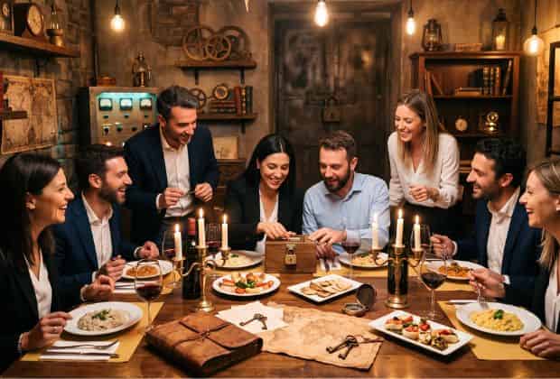 Colleghi che risolvono enigmi durante una cena aziendale escape room