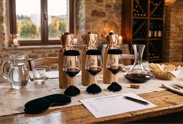 Calici per la degustazione di vino durante una cena aziendale esperti enogastronomici