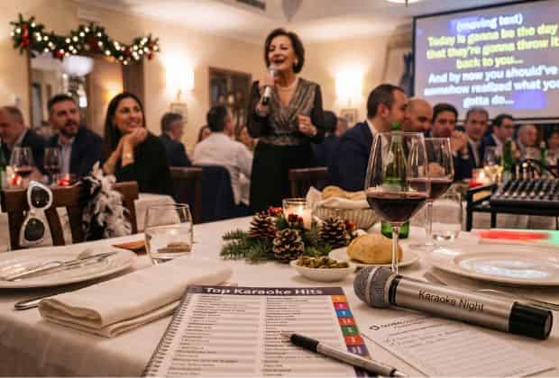 Colleghi che cantano durante una cena aziendale karaoke