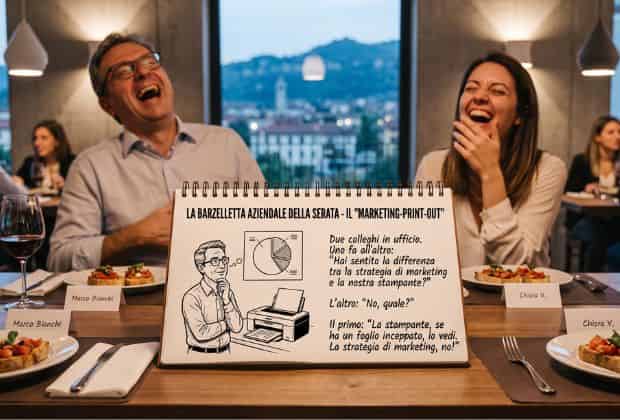 Colleghi che ridono durante la cena la sai l'ultima barzelletta?