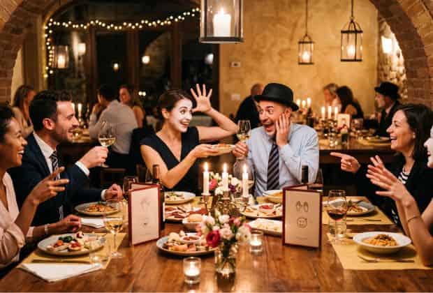 Colleghi che si esercitano nella comunicazione non verbale durante una cena aziendale mimo