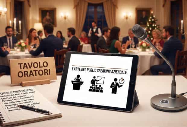 Appunti presi durante la cena aziendale public speaking e microfono su un tavolo