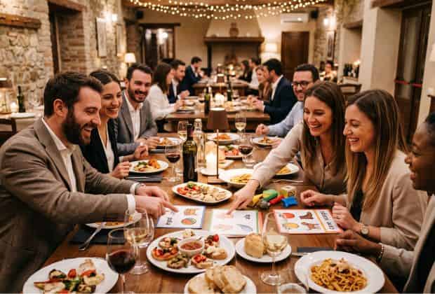 Colleghi che risolvono rebus durante una cena aziendale