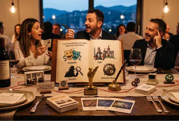 Colleghi che raccontano una storia durante la cena aziendale storytelling