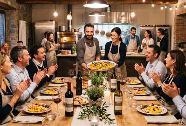 Colleghi che servono il proprio piatto durante una cena aziendale team cooking