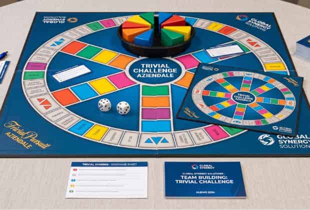 Tabellone del gioco da tavalo durante la cena aziendale trivial pursuit