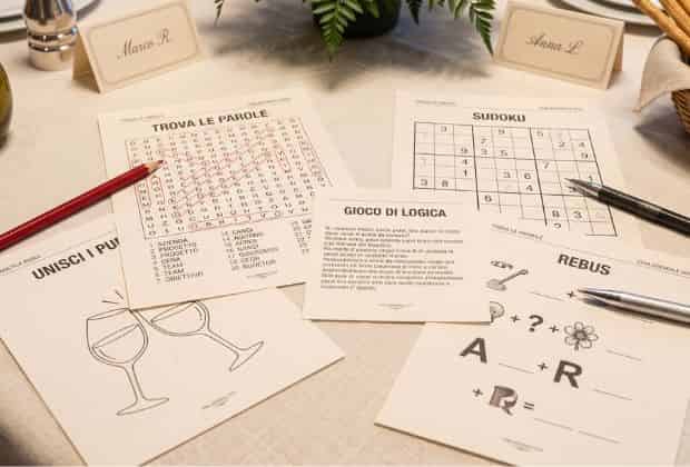 Fogli con le attività di una cena aziendale enigmistica