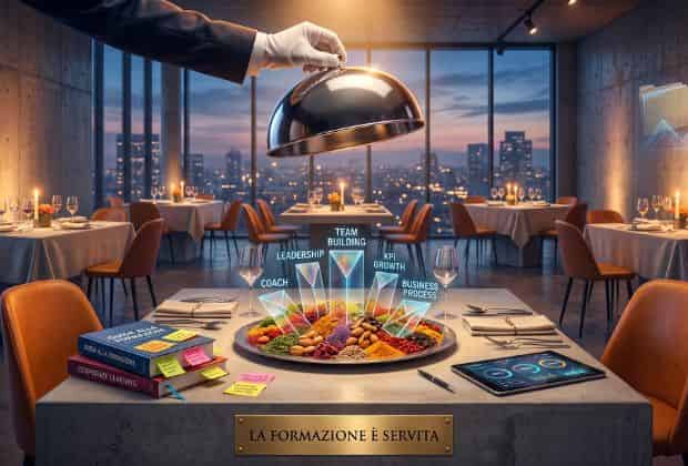 Colleghi durante una cena aziendale la formazione è servita che apprendono nuove pillole formative