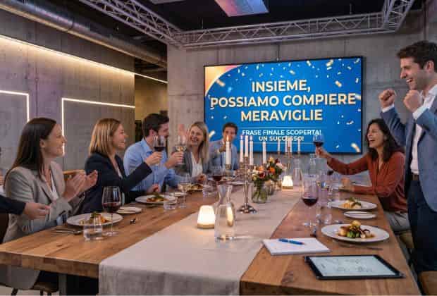 Colleghi che festeggiano dopo aver vinto durante la cena aziendale la frase che unisce
