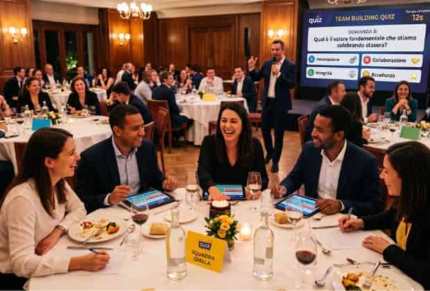 Un gruppo di colleghi che rispondono a domende durante una cena aziendale quiz team