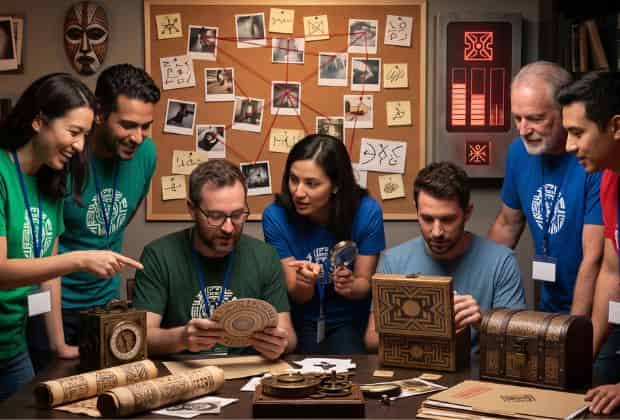 Colleghi che risolvono enigmi in un team building escape room