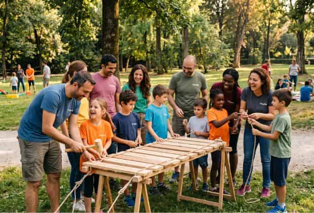Colleghi con le proprie famiglie impegnate durante attività di team building