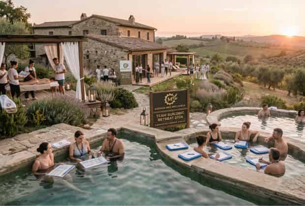 Colleghi che si rilassano in piscine all'aperto sui colli Toscani