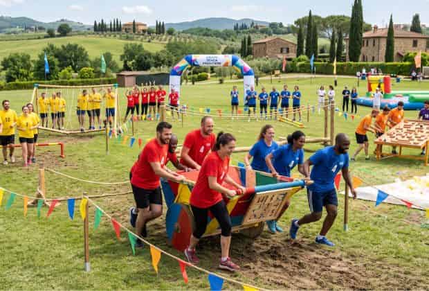 Colleghi che svolgono diverse attività sportive durante un team building giochi senza frontiere