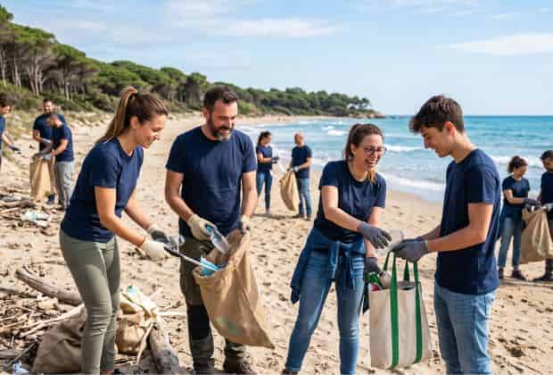 Colleghi che raccolgono spazzatura in spiaggia durante un team building giornata ecologica