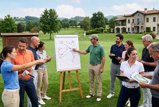 Colleghi durante un team building golf management training che discutono la strategia