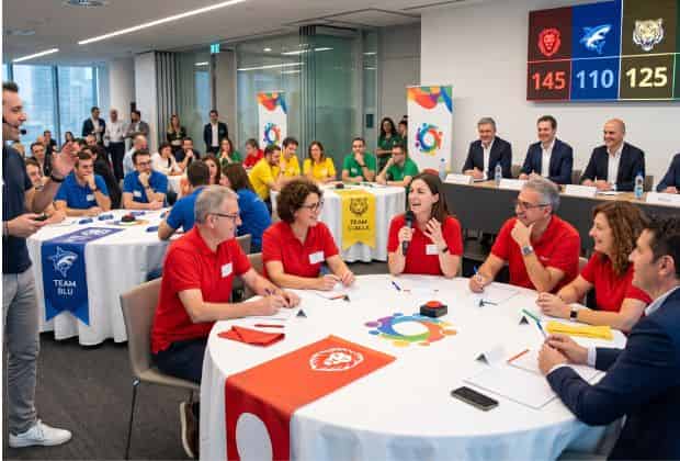 Colleghi divisi in squadre che partecipano al team building il gioco dei team