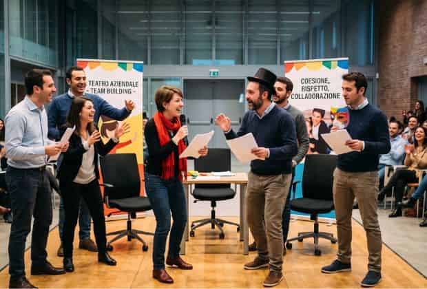 Colleghi che recitano durante un team building il teatro aziendale