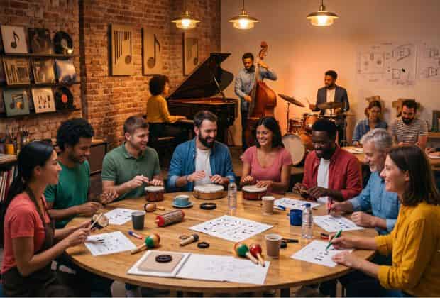 Colleghi che suonano degli strumenti durante il team building jazzy time