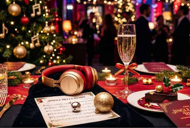 Microfono e dettagli festivi per la cena aziendale Jingle Bells remix