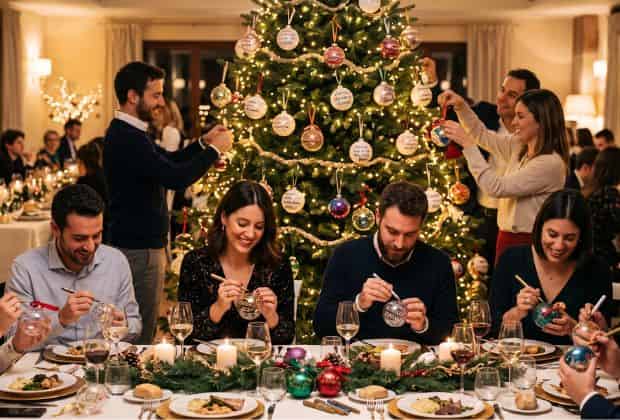 Colleghi che decorano un albero dei desideri aziendale illuminato