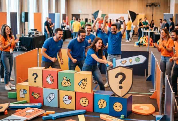 Colleghi che distruggono figurativamente le obiezioni dei clienti in un team building