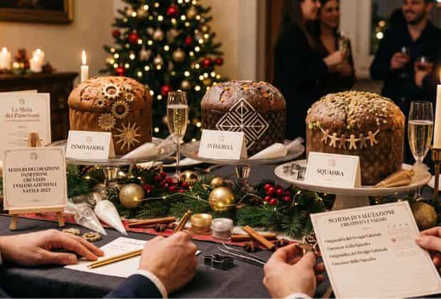 Panettoni decurati dai partecipanti durante la cena aziendale