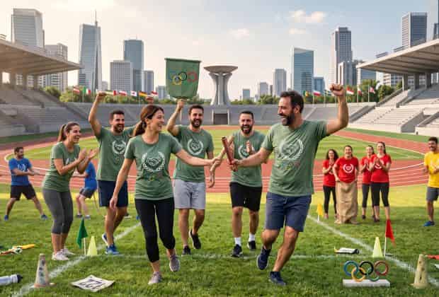 Colleghi festeggiano dopo aver vinto le olimpiadi aziendali