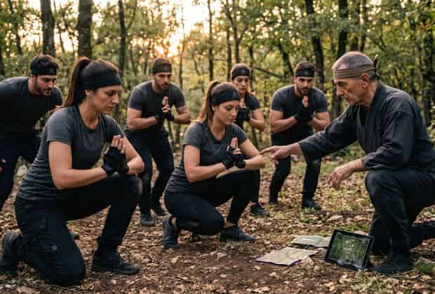 Colleghi che meditano in attesi di iniziare il team building lo spirito del ninja