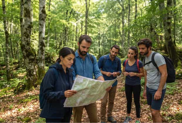 Colleghi con una mappa nel bosco durante un team building orienteering classico