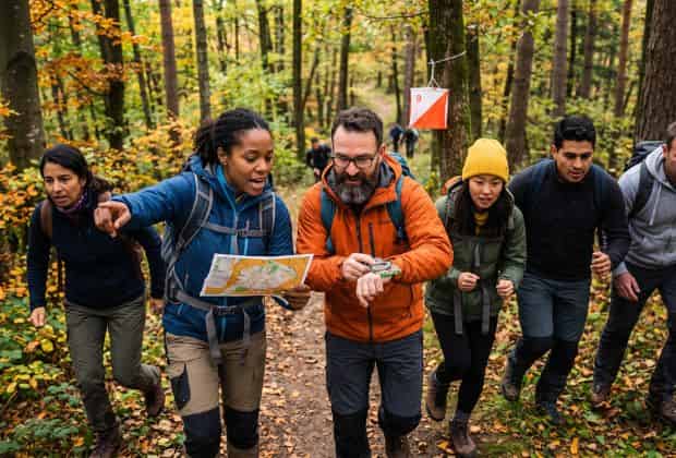 Colleghi in un bosco che consultano una mappa durante un orienteering