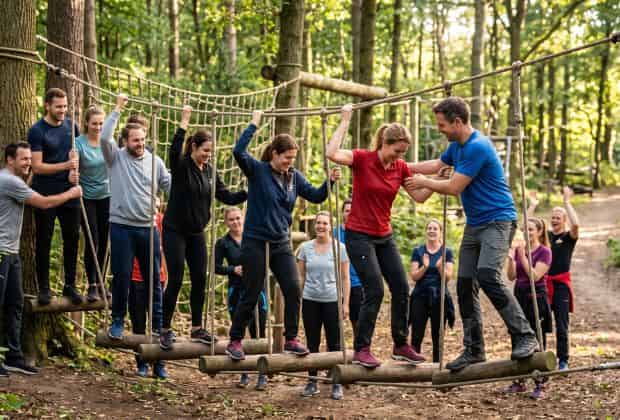 Colleghi che attraversano un ponte sospeso durante un outdoor training