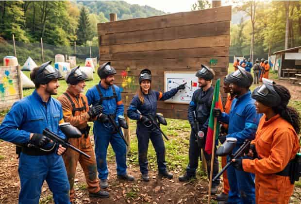 Un gruppo di colleghi che sta pianificando il team building paintball