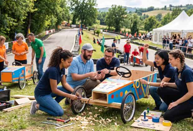 Colleghi che costruiscono una soapbox car durante un team building