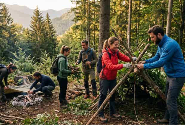 Colleghi che costruiscono un riparo per la notte nel bosco durante un team building survival experience