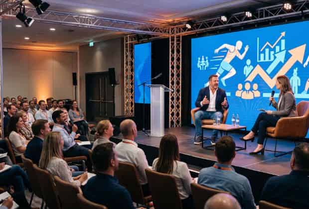 Colleghi che partecipano al team building talk show sport and business