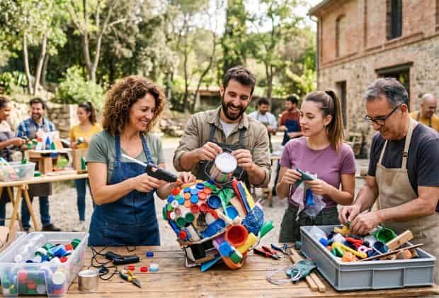 Colleghi che costruiscono una scultura con materiali riciclati in un team building art recycling