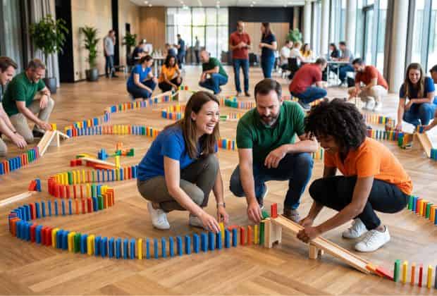 Colleghi che costruiscono un percorso con dei mattoncini colorati durante un team building domino