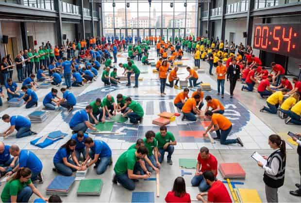 Colleghi che si preparano a battere un record del mondo durante un team building Guiness World Records