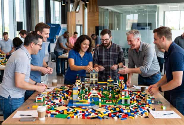 Colleghi che costruiscono una citta con i mattoncini lego durante un team building