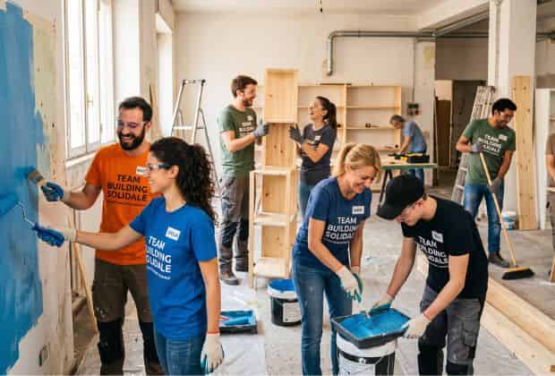 Colleghi che dipingono un appartamento durante un team building ristrutturazione solidale