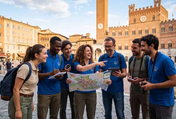 Colleghi in una piazza che guardano una cartina durante un team building scopriamo la città