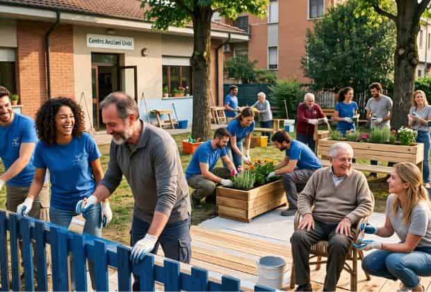 Colleghi impegnati in diverse attività di volontariato durante un team building solidale