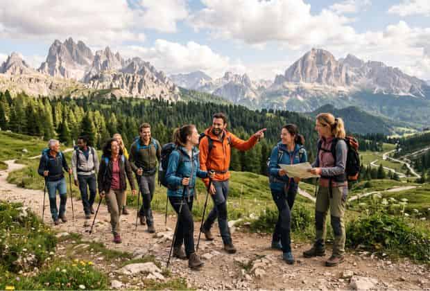 Colleghi che fanno trekking in montagna